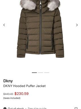 DKNY Women's Hooded Puffer Jacket in Olive with Fur-Trim Hood NWOT